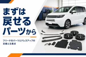 カスタムパーツが並んだガレージとコンパクトミニバン