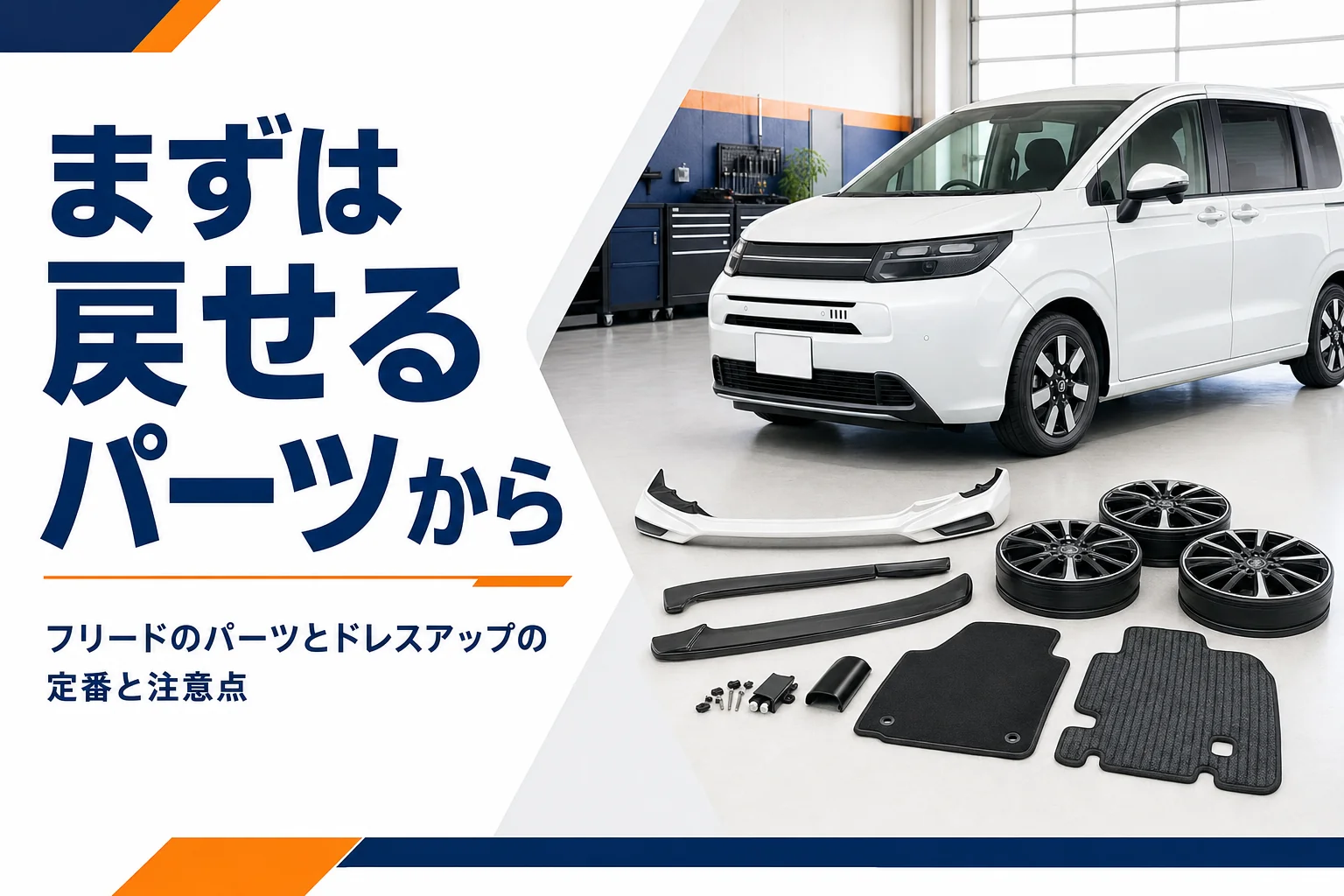 カスタムパーツが並んだガレージとコンパクトミニバン
