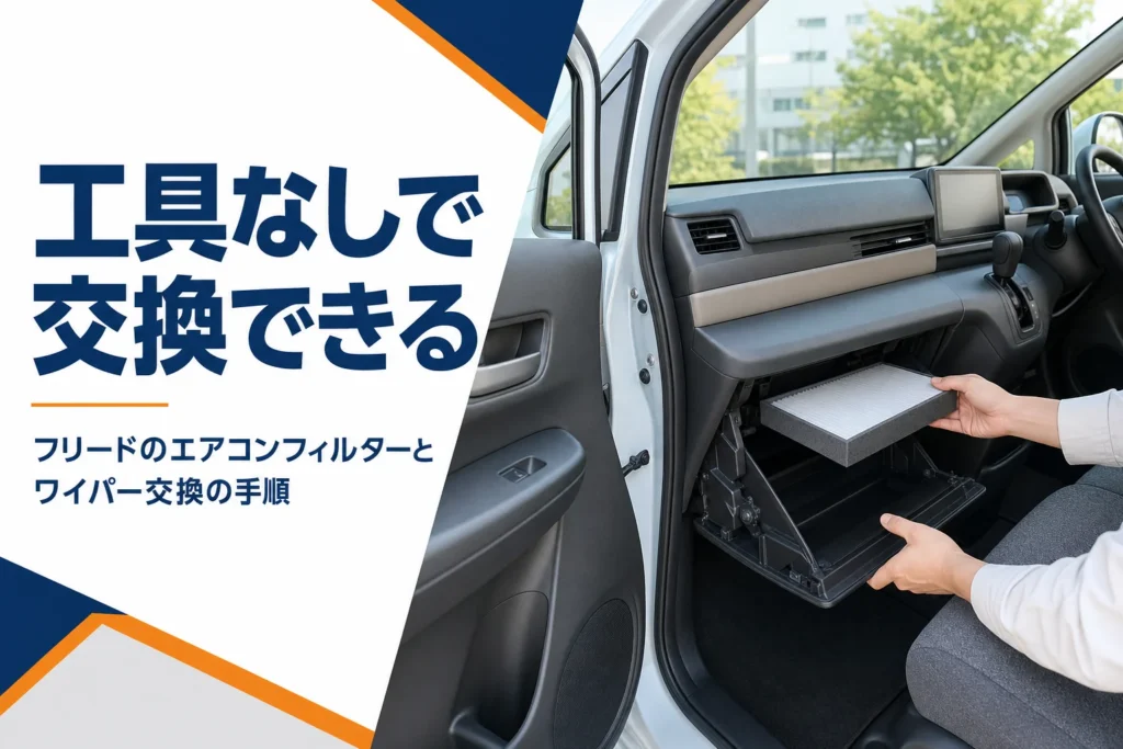 グローブボックスの奥にエアコンフィルターを差し込む手元