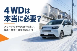 雪の積もった坂道を上るコンパクトミニバン