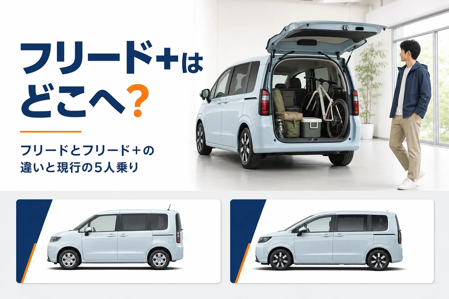 フリードとフリード+の違いと現行の5人乗りの選び方を示したアイキャッチ