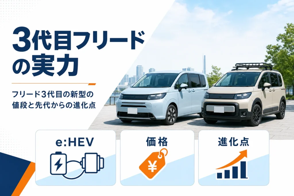 3代目フリードの特徴と新型の値段を示したアイキャッチ