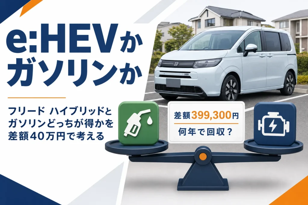 フリードのe:HEVとガソリンの損得を差額と回収年数で比べるアイキャッチ
