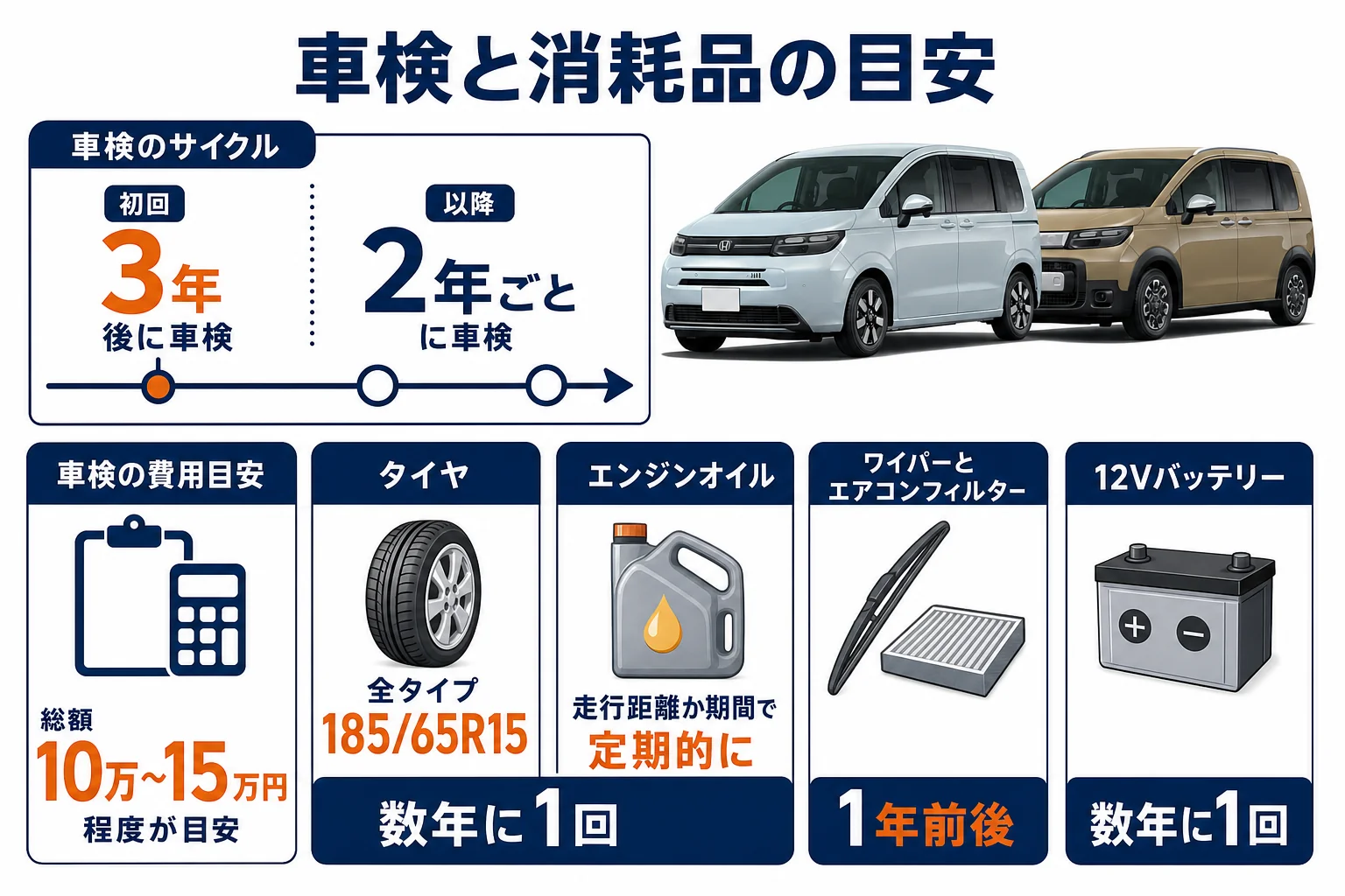 フリードの車検と消耗品の交換時期と年あたりの費用を示した図解