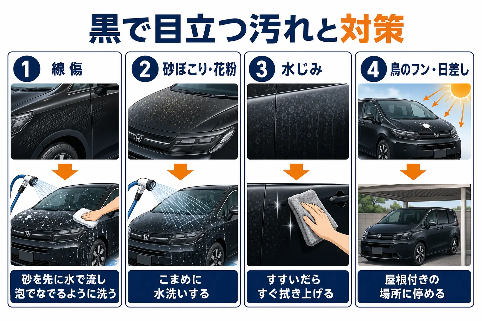 フリードの黒で目立ちやすい線傷、砂ぼこり、水じみと、それぞれの対策を並べた図解