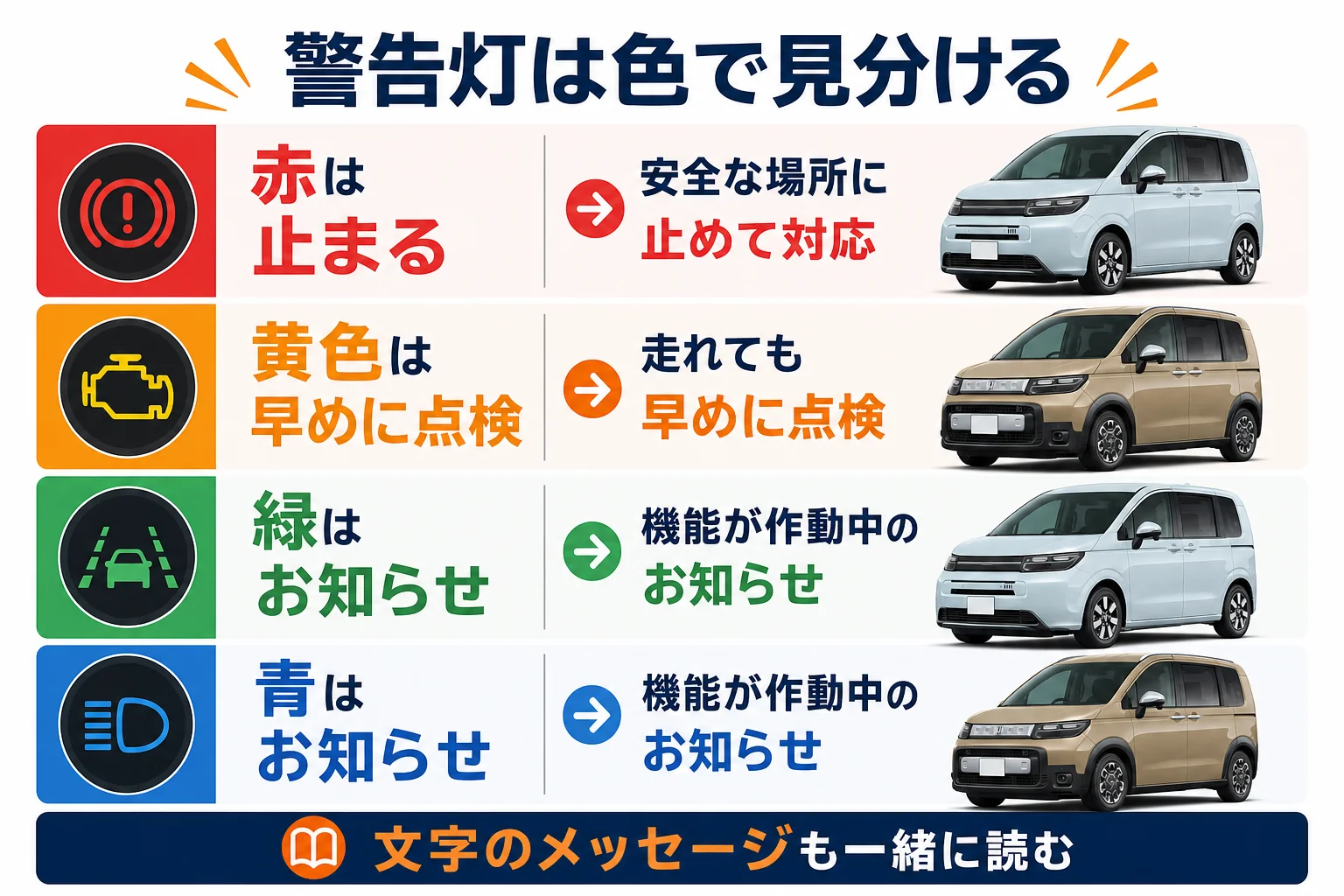 フリードの警告灯を赤・黄色・緑の色ごとの危険度で分けた図解