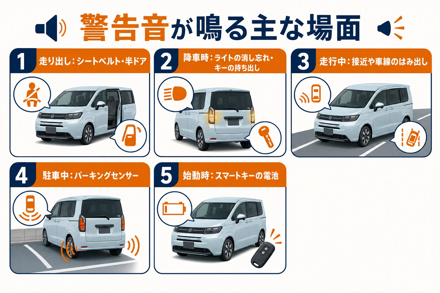 フリードで警告音が鳴る主な場面と、その時にやることを示した図解