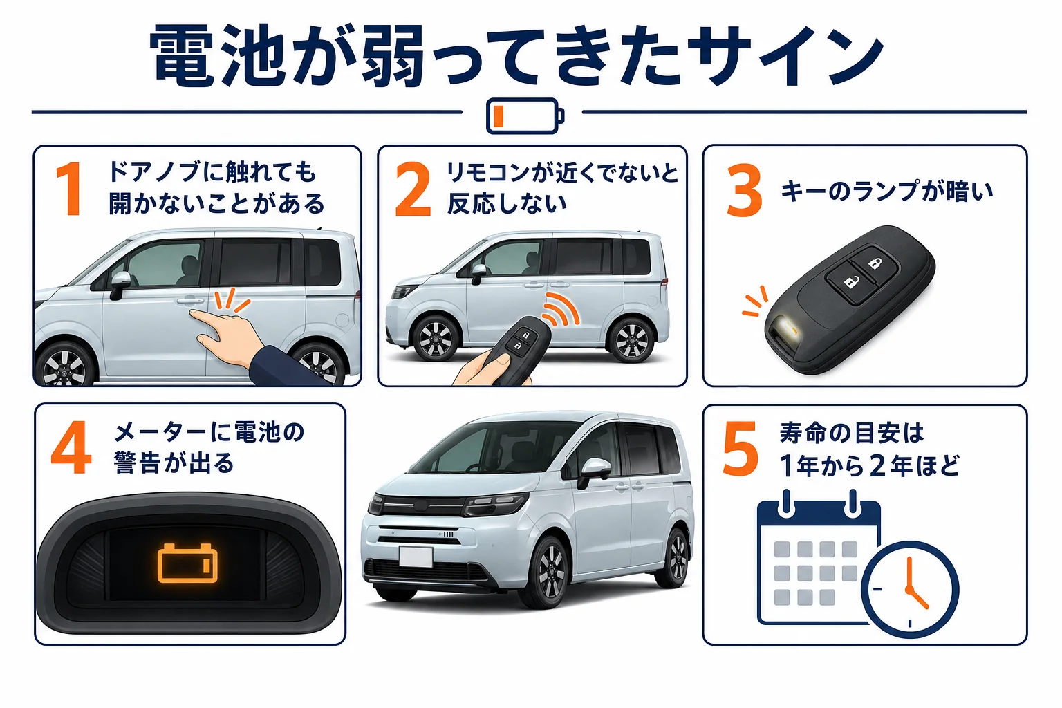 フリードのスマートキーの電池が弱ってきた時のサインを示した図解