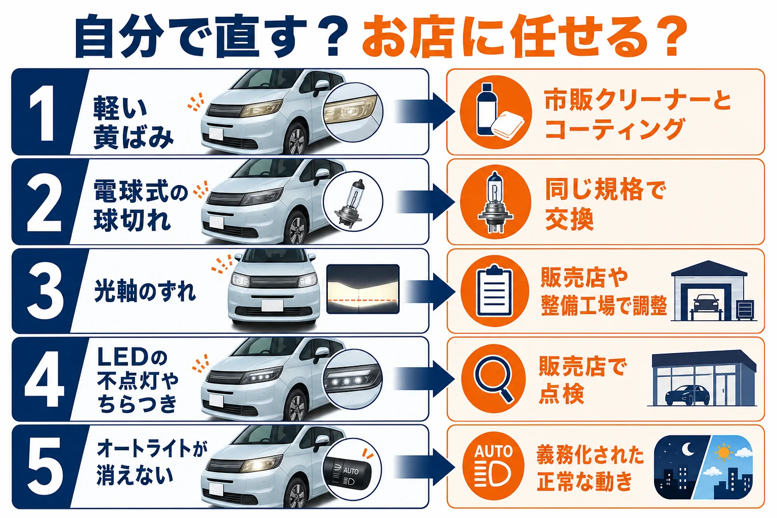 ライトの不調を自分で直すか販売店に任せるかを分けた図解