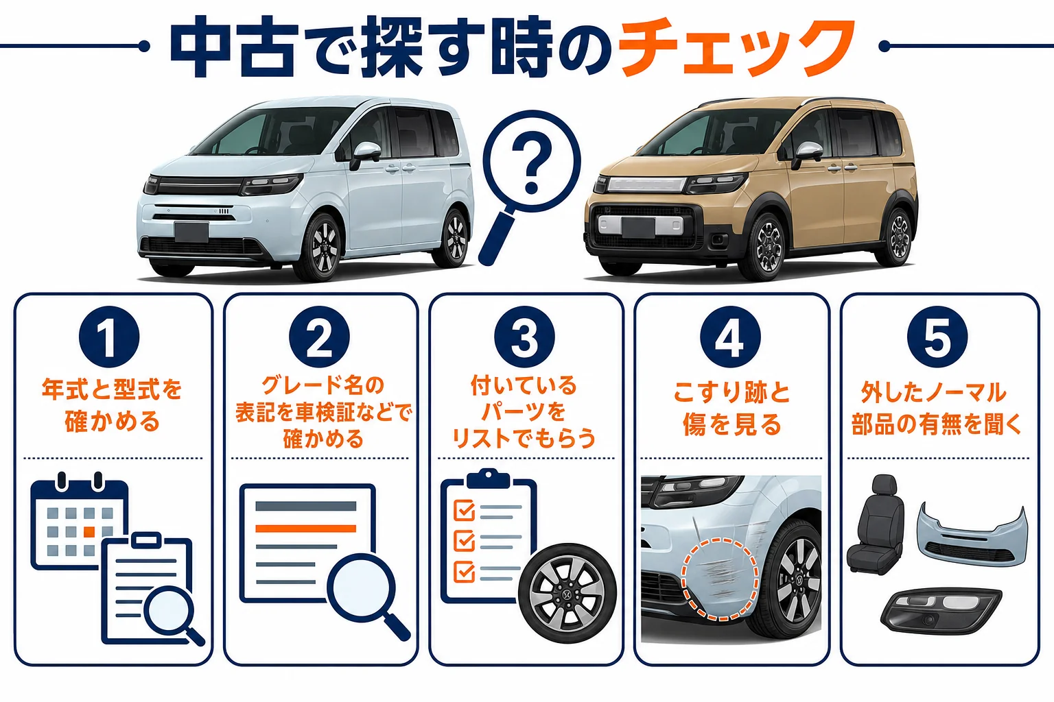フリードのモデューロXや無限付き中古車を探す時のチェック項目の図解