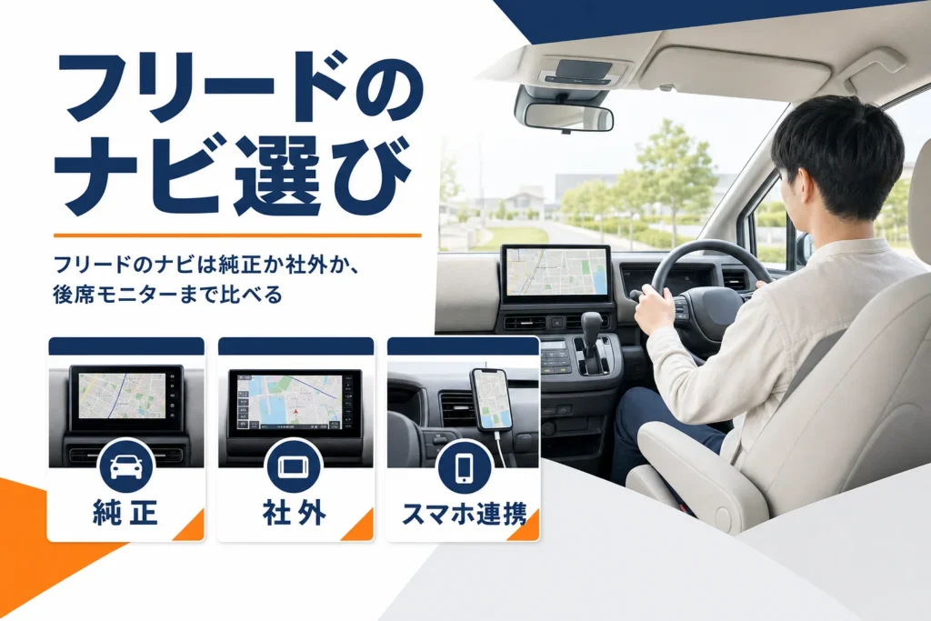 フリードのナビを純正・社外・スマホ連携で比べることを示したアイキャッチ