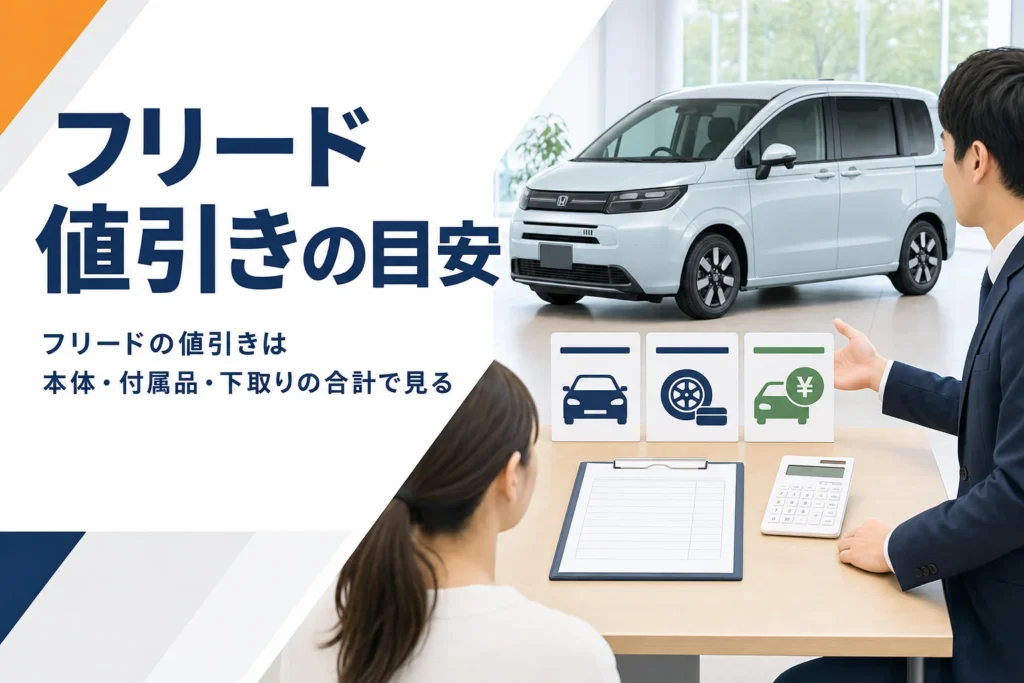 フリードの値引きを本体・付属品・下取りで考えることを示したアイキャッチ