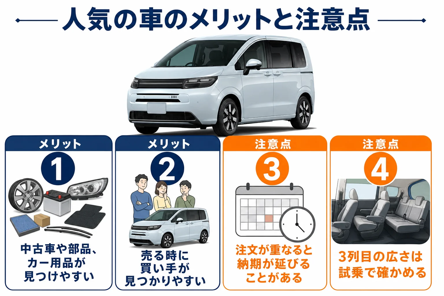 人気の車だからこそのメリットと注意点を示した図解