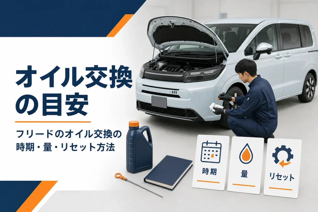 フリードのオイル交換の時期と量、リセットの要点を示したアイキャッチ