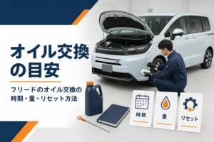 フリードのオイル交換の時期と量、リセットの要点を示したアイキャッチ
