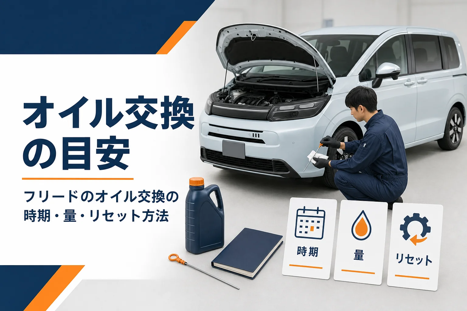 フリードのオイル交換の時期と量、リセットの要点を示したアイキャッチ