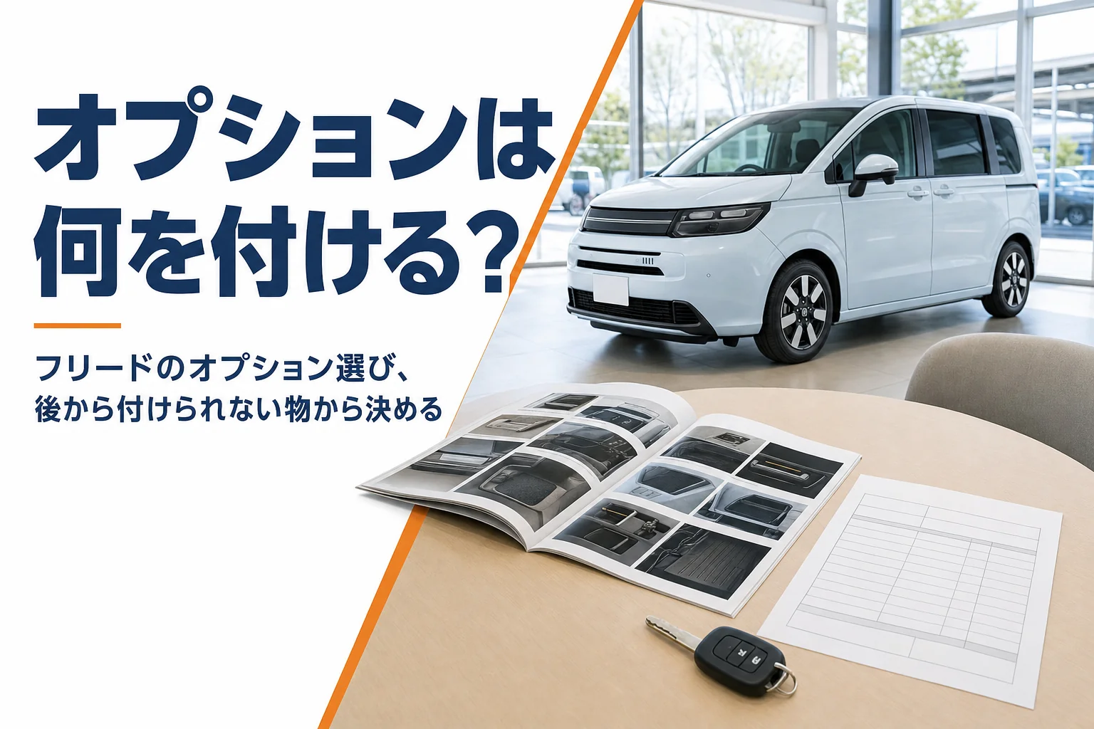 商談テーブルに置かれたアクセサリーカタログと見積書