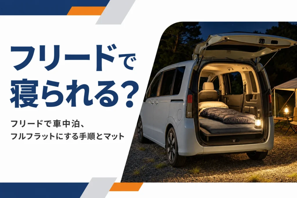 夜のキャンプ場でマットと寝袋を敷いたミニバンの車内