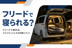 夜のキャンプ場でマットと寝袋を敷いたミニバンの車内