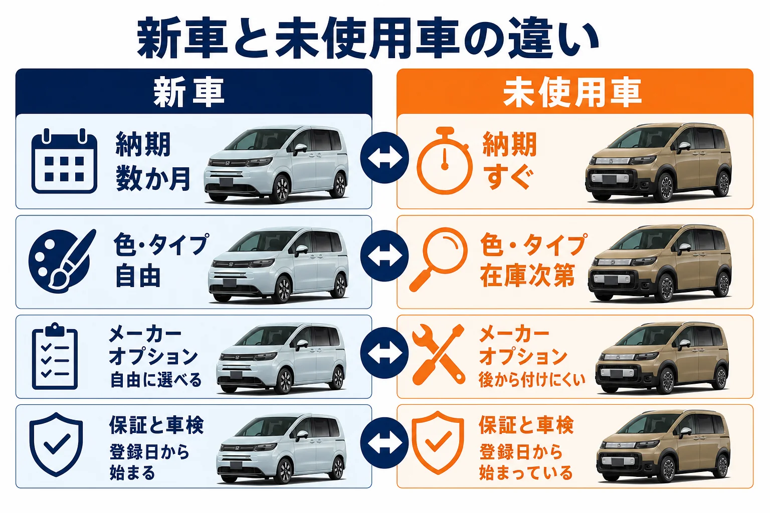 フリードの新車と未使用車の違いを6つの項目で並べた図解