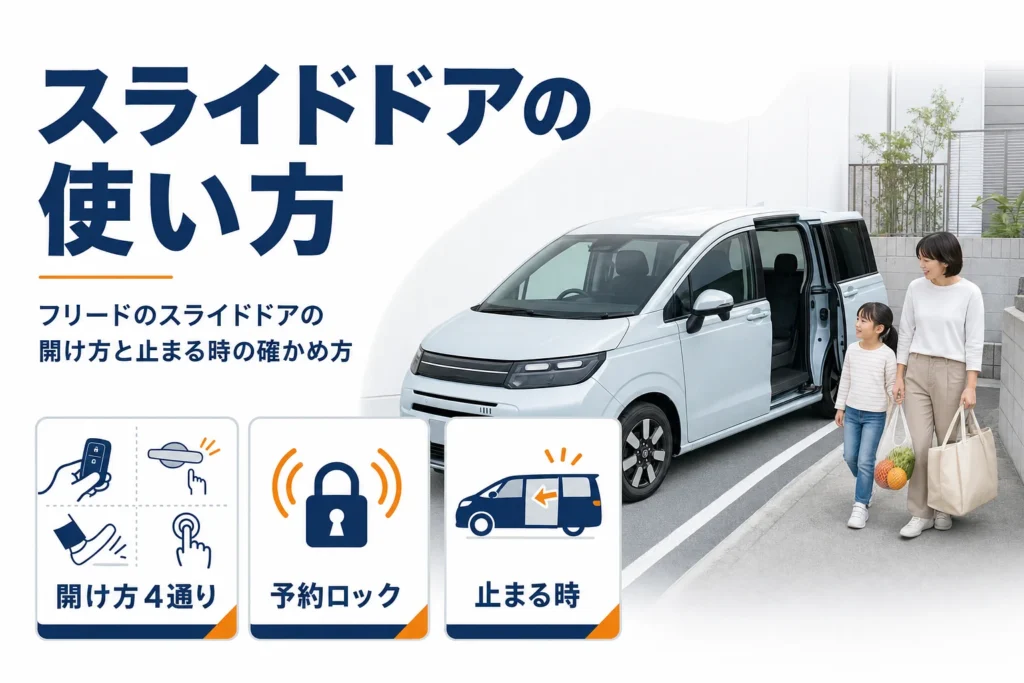 フリードのスライドドアの使い方と不具合の確かめ方を示したアイキャッチ