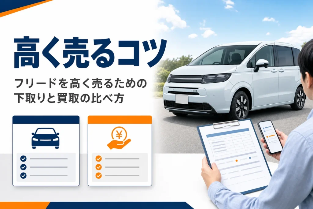 フリードを高く売るために下取りと買取を比べることを示したアイキャッチ
