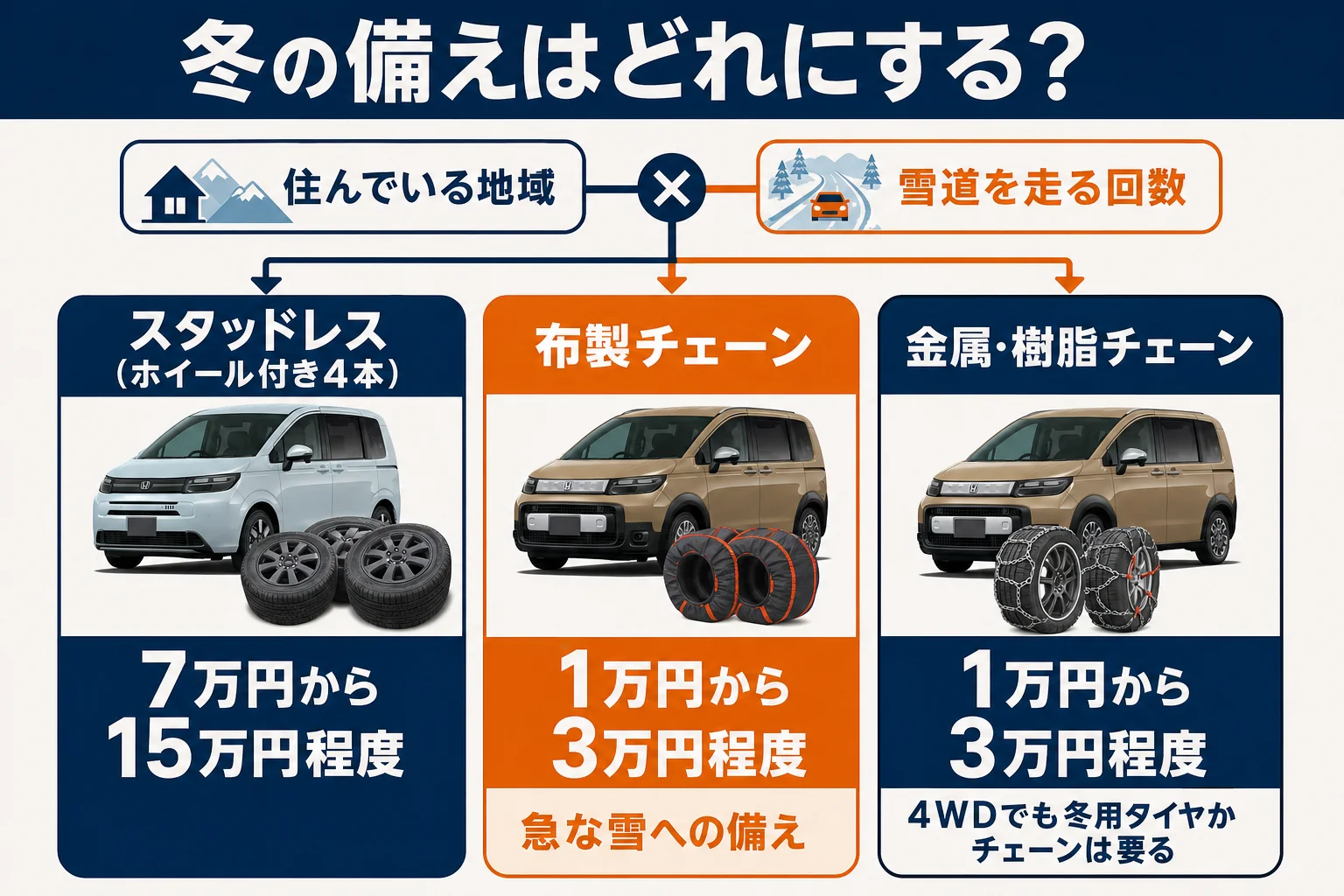 フリードの冬の備えをスタッドレスとチェーンで比べた図解