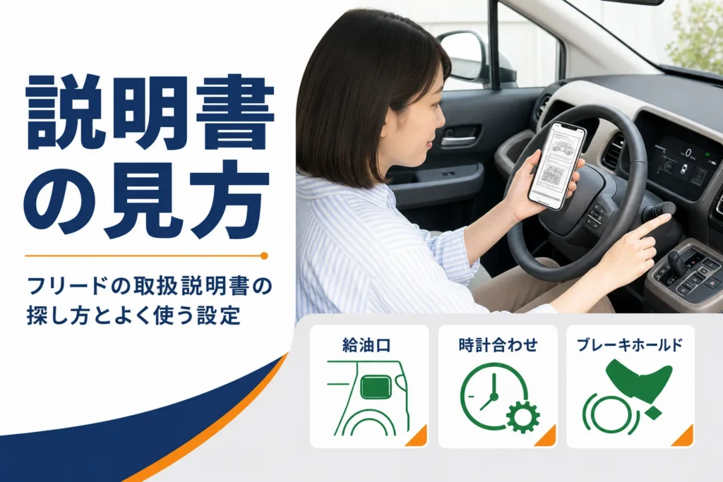 フリードの取扱説明書の探し方とよく使う設定を示したアイキャッチ