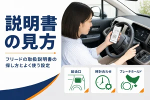 フリードの取扱説明書の探し方とよく使う設定を示したアイキャッチ