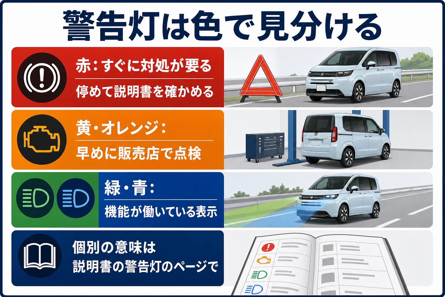 フリードの警告灯を色で見分けて対処する流れを示した図解
