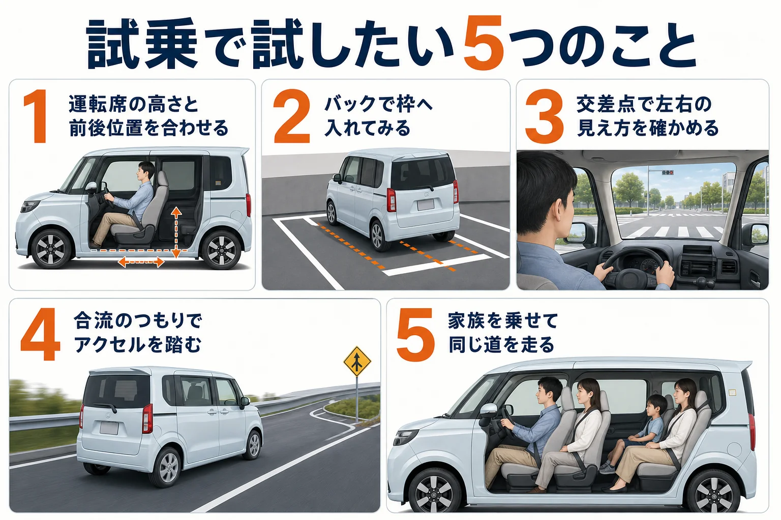 フリードの試乗で運転しやすさを確かめる5つの手順を並べた図解