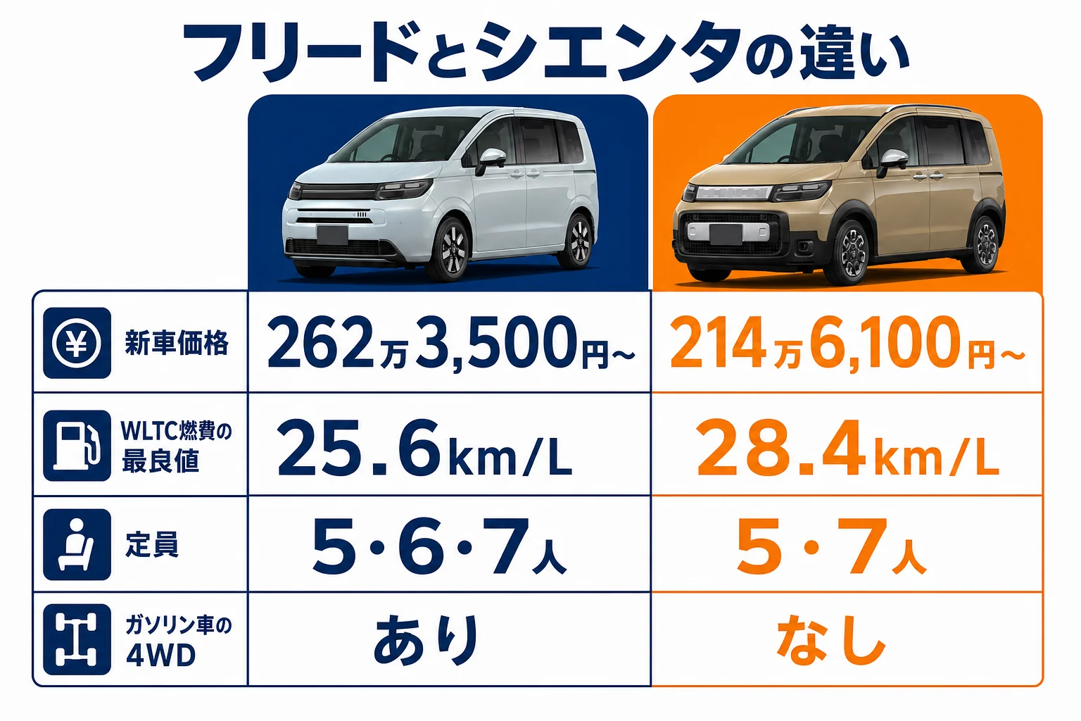 フリードとシエンタの価格・燃費・定員の違いを並べた図解