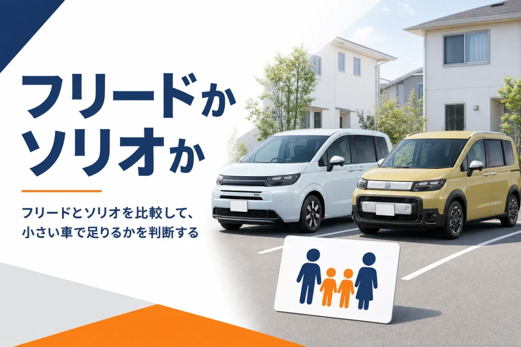 フリードとソリオを乗る人数と価格で比べることを示したアイキャッチ