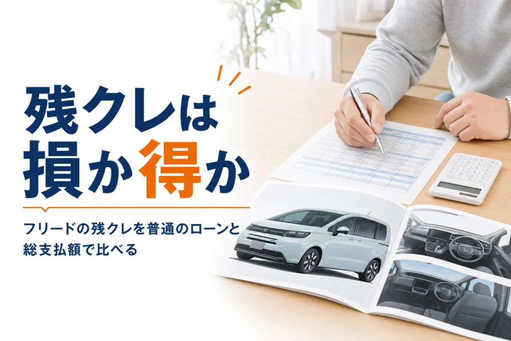 車の支払い表と電卓を前に残クレを検討している様子