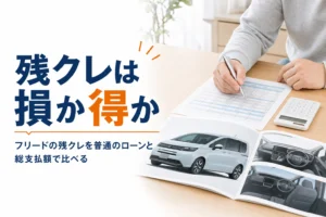 車の支払い表と電卓を前に残クレを検討している様子